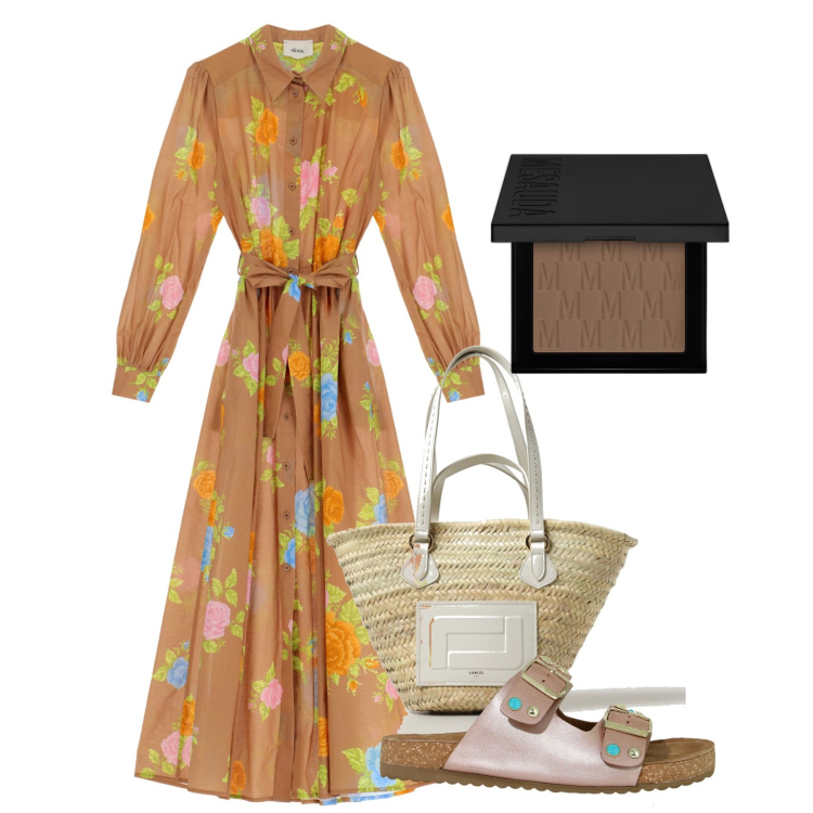 Outfit donna - Con la terra. Stile Bon Ton per Tutti i giorni. Abbinamento con terre, vestiti lunghi, sandali gioiello, borse a mano.