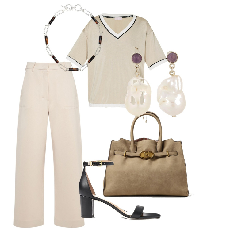 Outfit donna - Chiara. Stile Bon Ton per Tutti i giorni. Abbinamento con sandali in pelle, collane, pantaloni, t-shirt, orecchini, borse a mano.