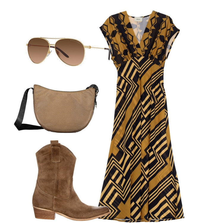 Outfit donna - Vagamente boho. Stile Boho per Tutti i giorni. Abbinamento con stivali, vestiti lunghi, occhiali da sole, borse a tracolla.