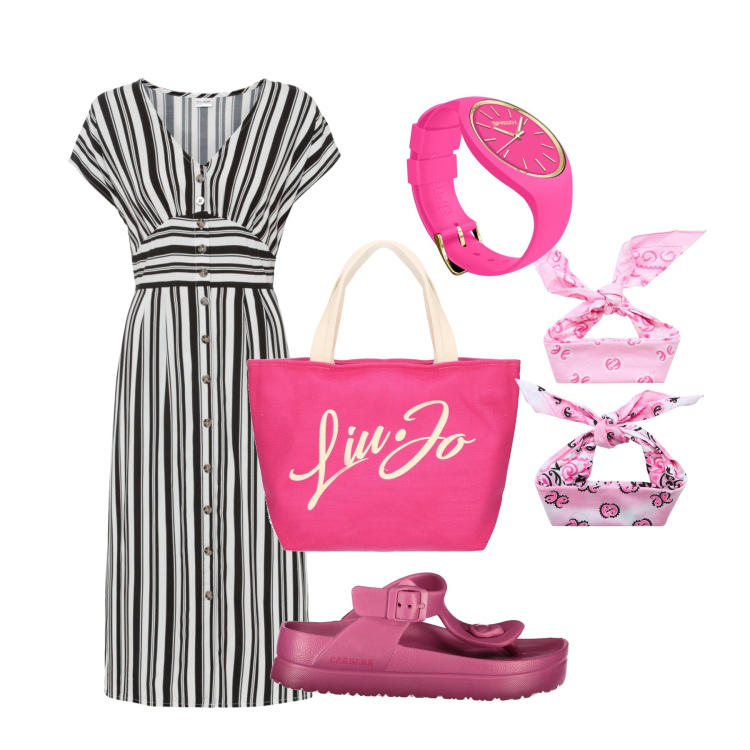 Outfit donna - Dettagli barbie. Stile Bon Ton per Ufficio. Abbinamento con vestiti, fasce per capelli, orologi, infradito, shopping bag.