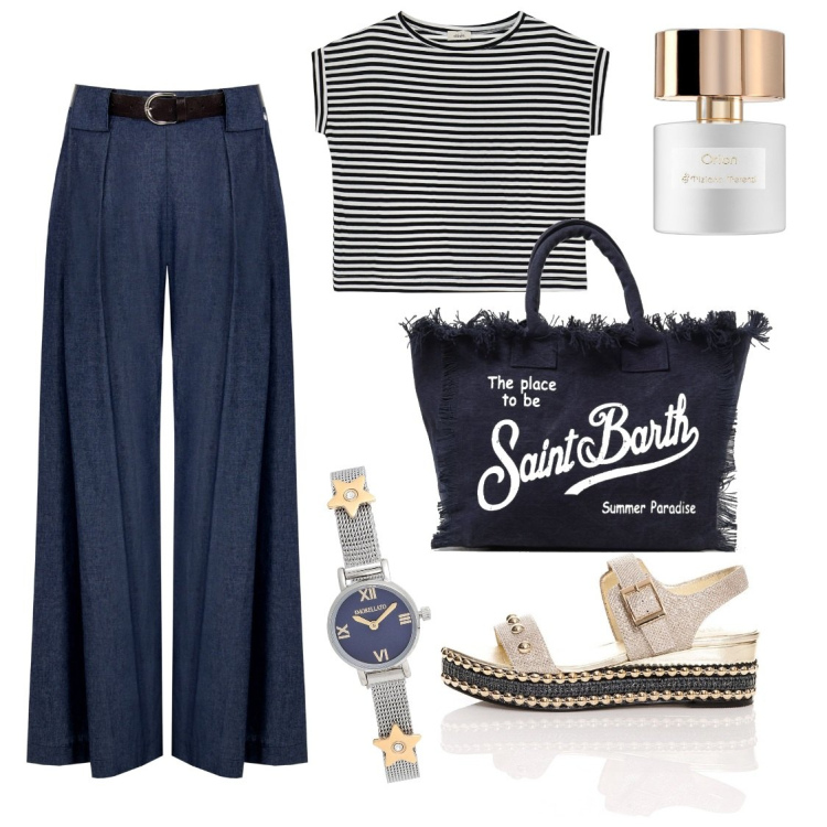 Outfit donna - Fantasia a righe. Stile Casual per Ufficio. Abbinamento con orologi, profumi, pantaloni a palazzo, sandali, t-shirt, borse a spalla.