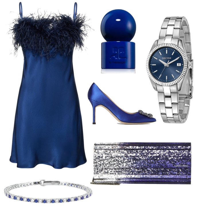 Outfit donna - Blue night. Stile Sexy per Serata fuori. Abbinamento con orologi, profumi, braccialetti, décolleté, clutch, vestiti.