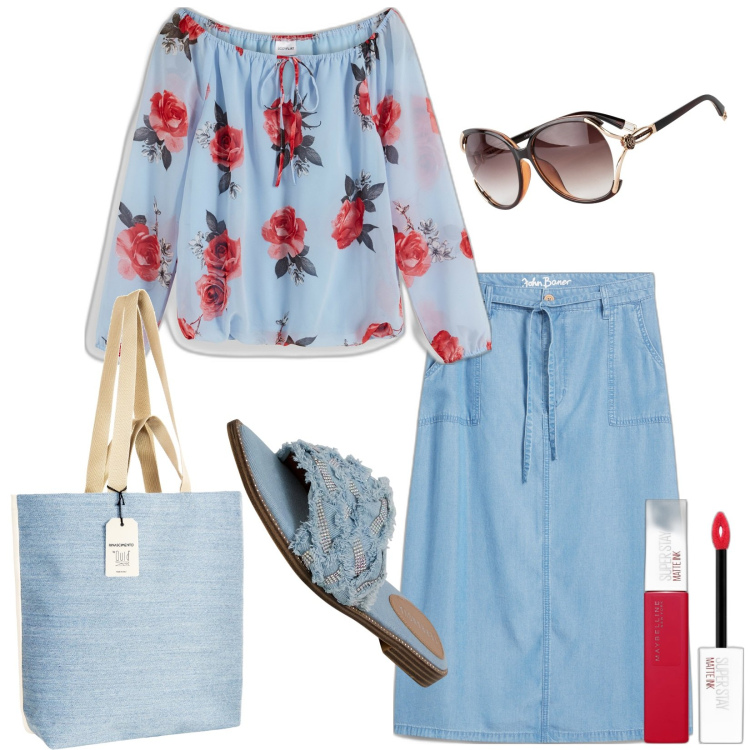 Outfit donna - Giornata in città. Stile Casual per Tutti i giorni. Abbinamento con occhiali da sole, bluse, gonne, rossetti, ciabatte, borse tote.