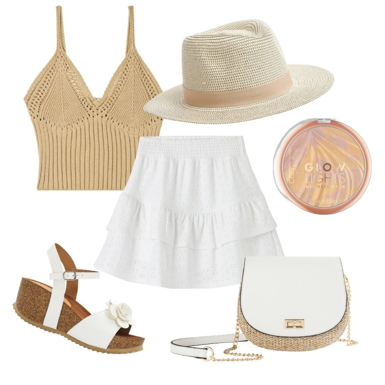 Outfit donna - Finalmente vacanza. Stile Casual per Mare. Abbinamento con borse a tracolla, sandali, ciprie, top, minigonne, cappelli.