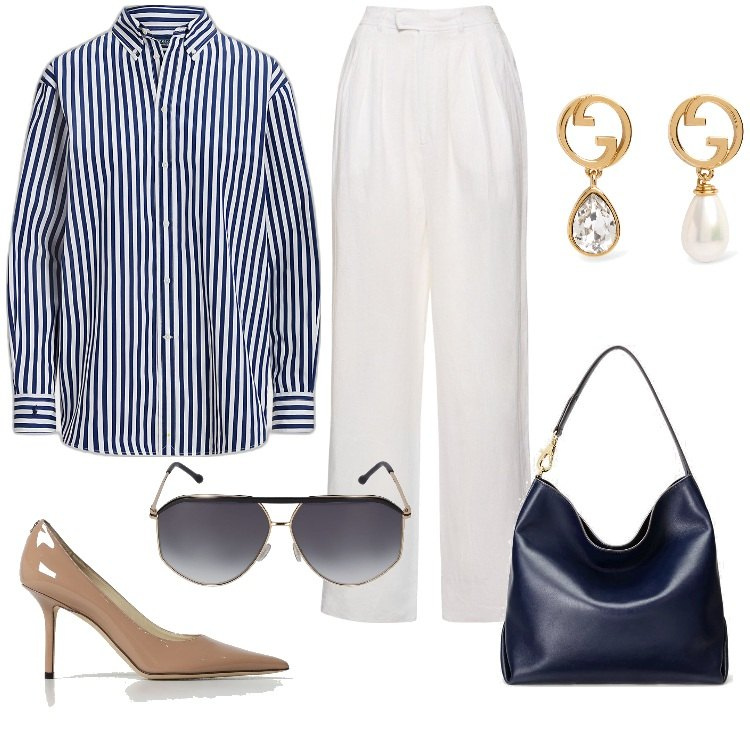 Outfit donna - Total look #1898834. Stile Casual chic per Ufficio. Abbinamento con camicie, borse a spalla, occhiali da sole, pantaloni, orecchini, décolleté.