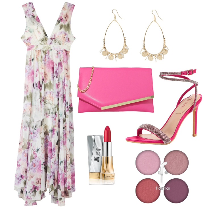 Outfit donna - Ghost outfitter - giugno. Stile Trendy per Cerimonia. Abbinamento con ombretti, rossetti, vestiti lunghi, sandali col tacco, pochette, orecchini.