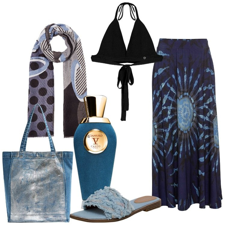 Outfit donna - Festa in piscina. Stile Etnico per Serata fuori. Abbinamento con gonne, profumi, ciabatte, shopping bag, top, stole.