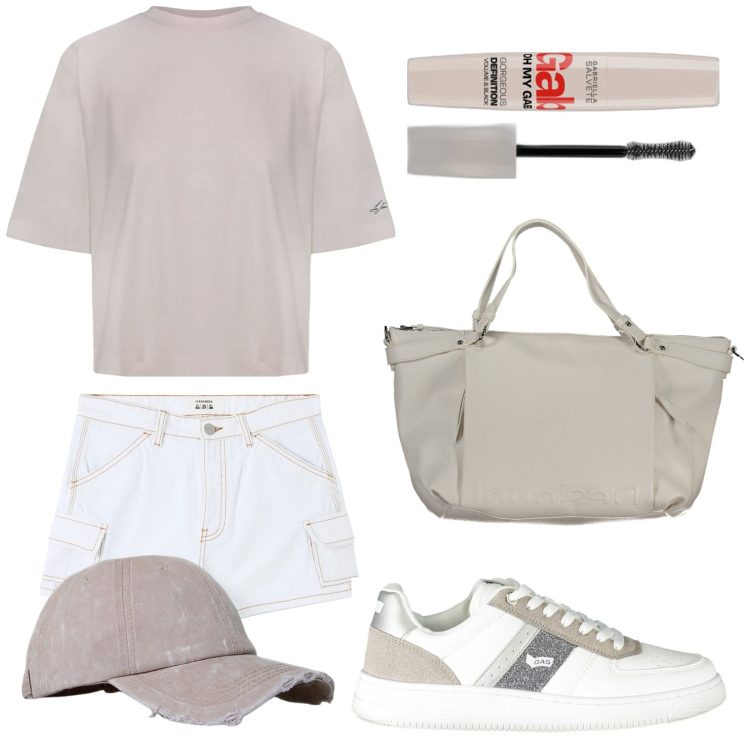 Outfit donna - Total look #1898850. Stile Urban per Tutti i giorni. Abbinamento con mascara, pantaloni corti, berretti, sneakers, borse a spalla, t-shirt.