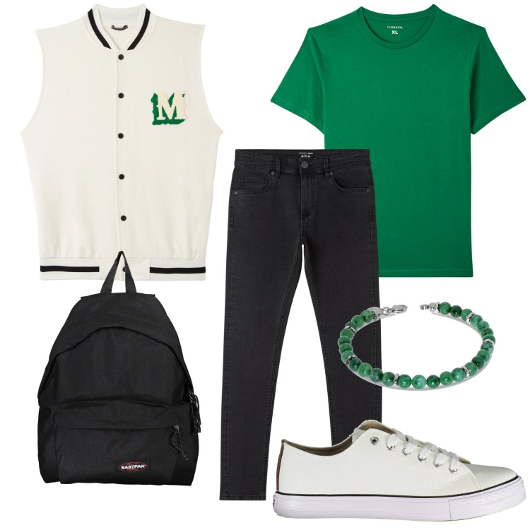 Outfit uomo - Pronto concerti via. Stile Trendy per Tutti i giorni. Abbinamento con jeans skinny, t-shirt, gilet, scarpe sportive, braccialetti, borse sportive.