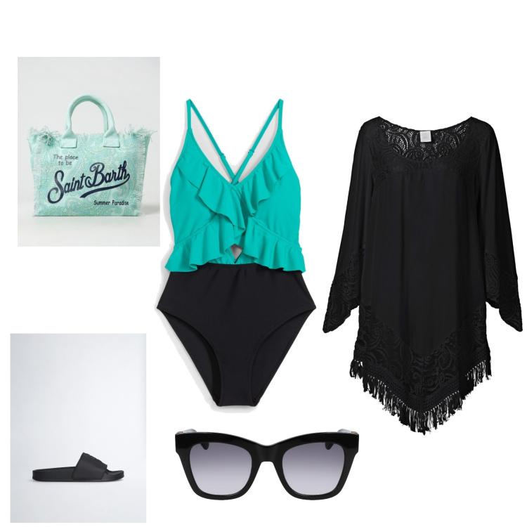Outfit donna - Giornata al mare. Stile Minimal per Mare. Abbinamento con vestiti da spiaggia, borse tote, ciabatte, occhiali da sole, costumi interi.