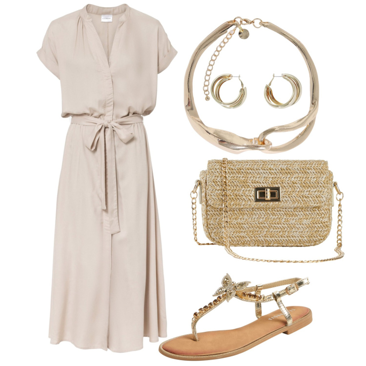 Outfit donna - Naturale e oro. Stile Bon Ton per Tutti i giorni. Abbinamento con vestiti chemisier, borse a mano, sandali gioiello, collane, orecchini.