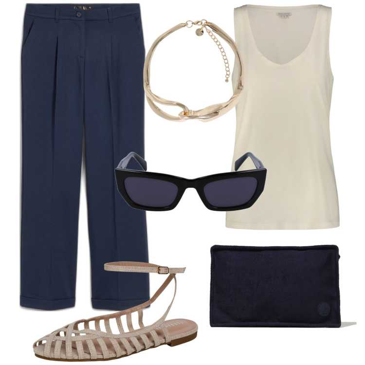 Outfit donna - Casual con un tocco di originalità. Stile Casual chic per Ufficio. Abbinamento con pantaloni, ballerine, collane, canottiere, pochette, occhiali da sole.