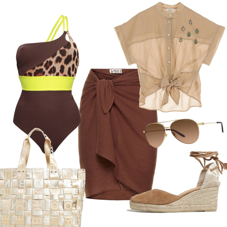 Outfit donna - Giornata al mare. Stile Casual chic per Mare. Abbinamento con camicie a manica corta, occhiali da sole, minigonne, costumi interi, borse a spalla, espadrillas.