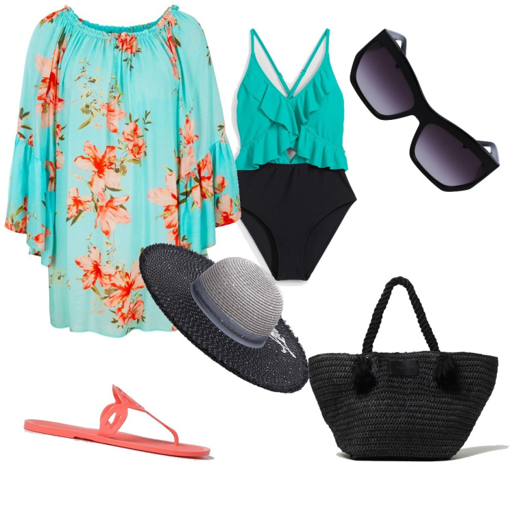 Outfit donna - La mia giornata al mare. Stile Casual chic per Mare. Abbinamento con vestiti da spiaggia, costumi interi, ciabatte, borse tote, occhiali da sole, cappelli.