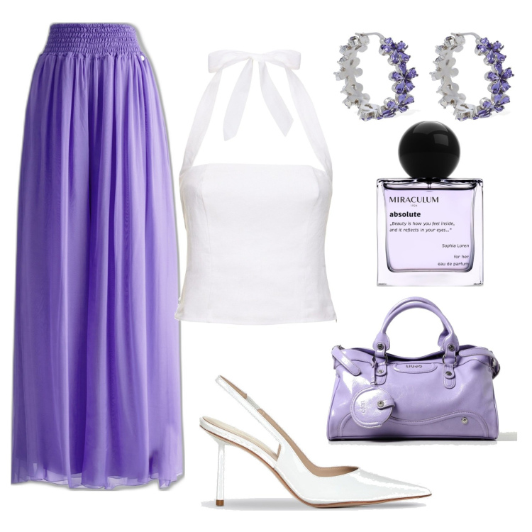 Outfit donna - Purple rain. Stile Casual chic per Tutti i giorni. Abbinamento con profumi, orecchini, borse a mano, pantaloni, top, scarpe col tacco.