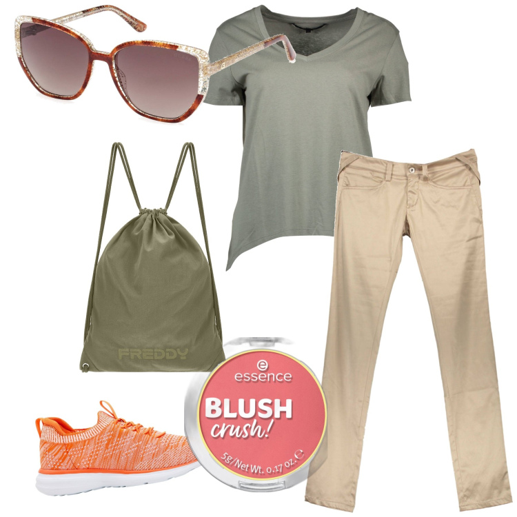 Outfit donna - Pistacchio biscotto e albicocca. Stile Casual per Tutti i giorni. Abbinamento con sneakers, blush, zaini, t-shirt, pantaloni, occhiali da sole.