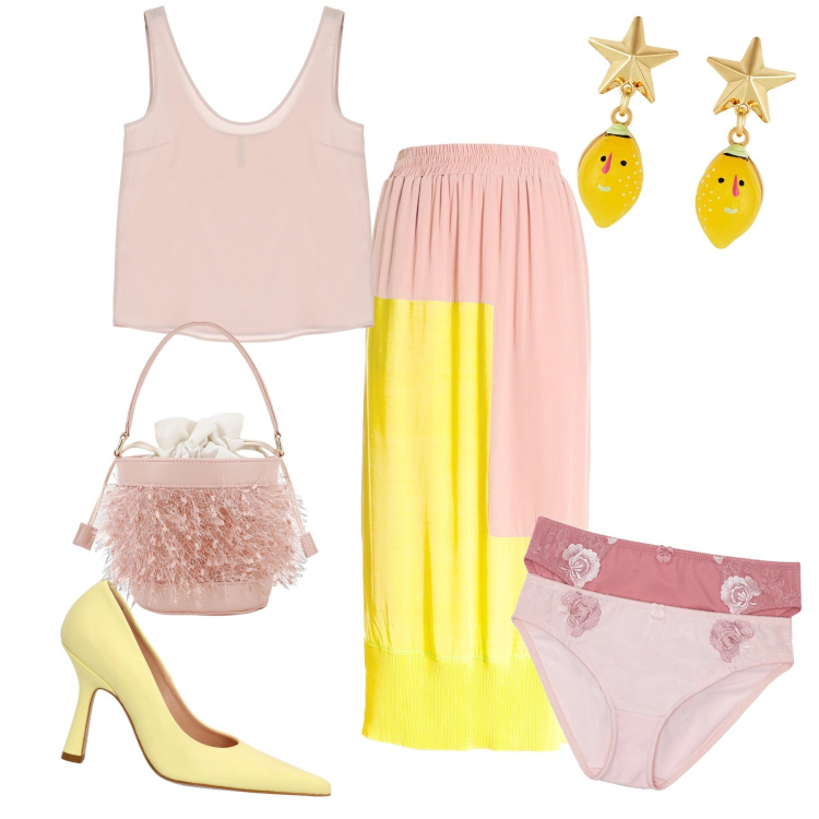 Outfit donna - Pink and yellow. Stile Chic per Serata fuori. Abbinamento con culotte, orecchini, canottiere, gonne longuette, borse a secchiello, décolleté.