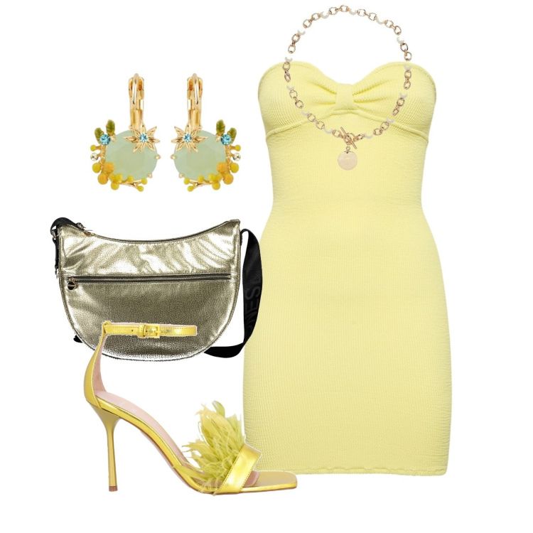 Outfit donna - Frizzante. Stile Chic per Serata fuori. Abbinamento con orecchini, collane, vestiti, borse a tracolla, sandali col tacco.