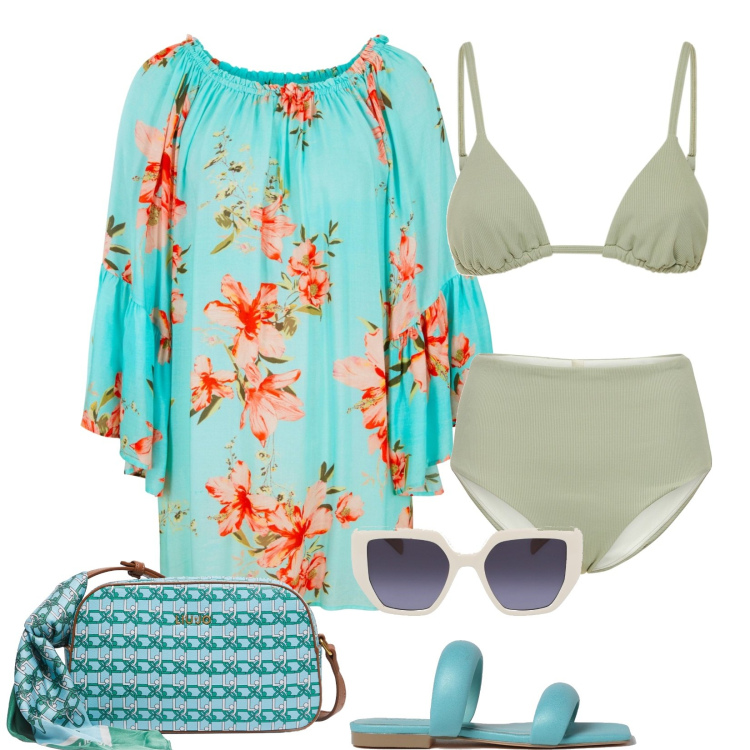 Outfit donna - Giornata al mare. Stile Casual chic per Mare. Abbinamento con vestiti da spiaggia, sandali in pelle, bikini, bikini, borse a tracolla, occhiali da sole.