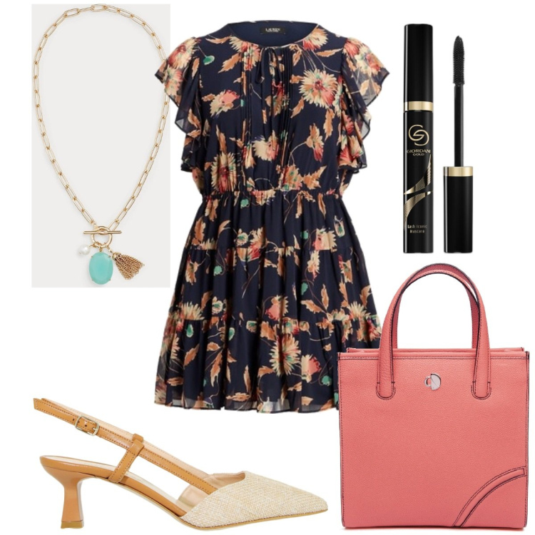 Outfit donna - Il vestito per l\'estate chic. Stile Chic per Tutti i giorni. Abbinamento con mascara, sandali col tacco, collane, vestiti, shopping bag.