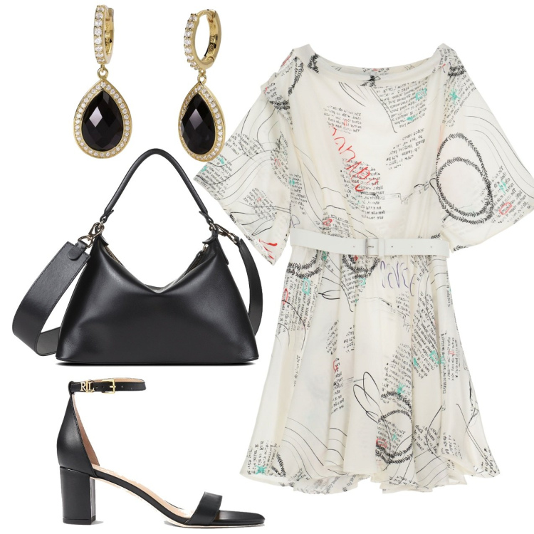 Outfit donna - Svasature. Stile Chic per Ufficio. Abbinamento con orecchini, vestiti corti, sandali in pelle, borse a mano.