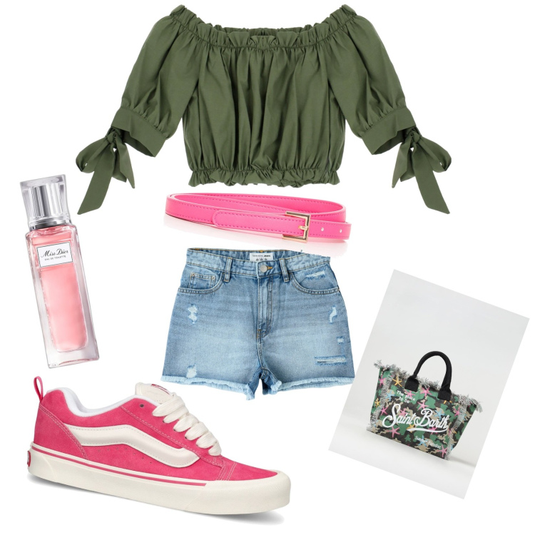 Outfit donna - Green and Pink. Stile Casual per Tutti i giorni. Abbinamento con profumi, shorts, cinture, bluse, sneakers, borse tote.