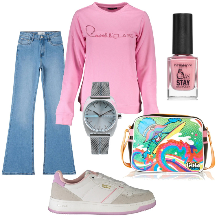 Outfit donna - Fresco di giugno. Stile Urban per Tutti i giorni. Abbinamento con orologi, smalti, jeans a zampa, sneakers, borse a spalla, felpe.