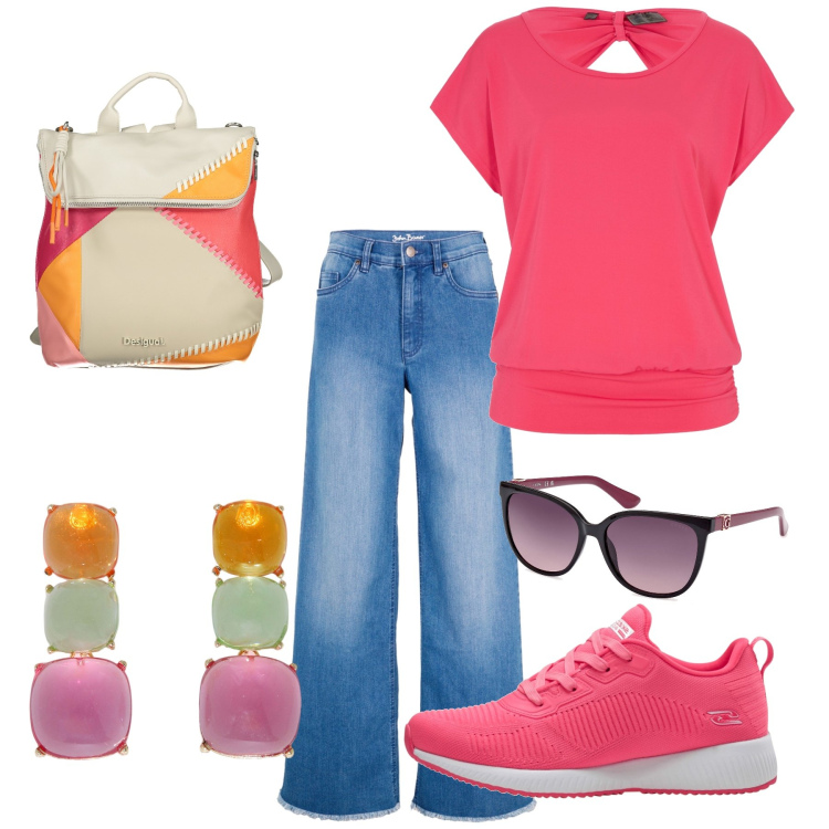 Outfit donna - Total look #1898915. Stile Casual per Ufficio. Abbinamento con jeans, maglieria, sneakers, orecchini, zaini, occhiali da sole.