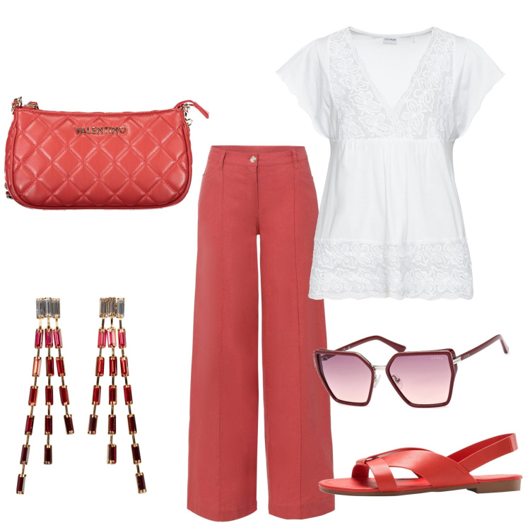 Outfit donna - Total look #1898918. Stile Glamour per Tutti i giorni. Abbinamento con maglieria, pantaloni a palazzo, orecchini, sandali, occhiali da sole, borse a spalla.
