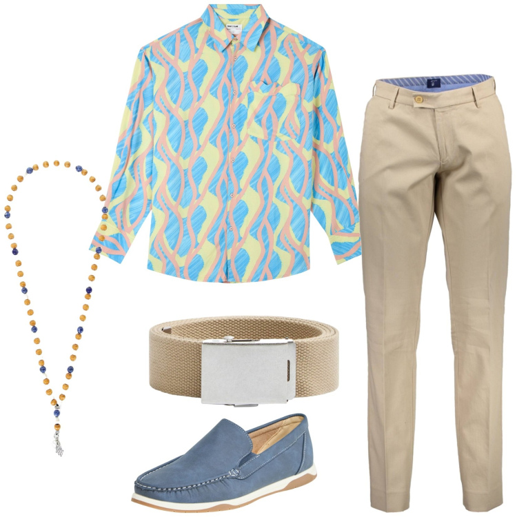 Outfit uomo - La camicia che si fa notare. Stile Trendy per Serata speciale. Abbinamento con camicie, cinture, scarpe stringate, collane, pantaloni.