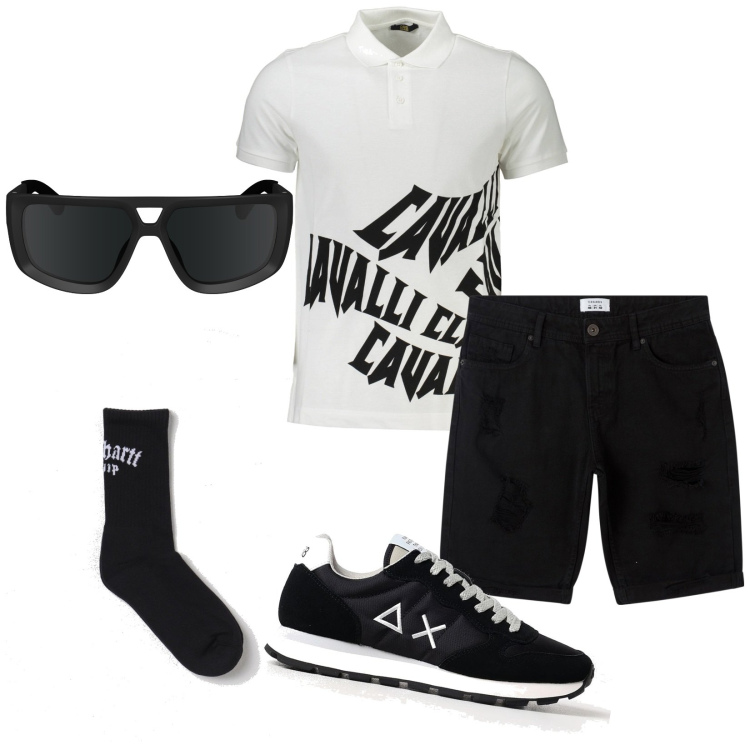 Outfit uomo - Black and White. Stile Casual per Serata speciale. Abbinamento con bermuda, calzini, occhiali da sole, sneakers, polo.