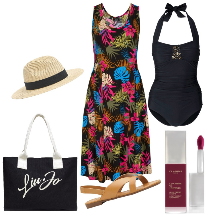 Outfit donna - Con il gloss anche in spiaggia. Stile Glamour per Mare. Abbinamento con costumi interi, sandali, vestiti midi/longuette, gloss, cappelli, shopping bag.