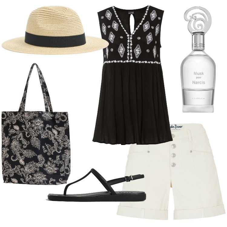 Outfit donna - Turista perfetta. Stile Etnico per Tutti i giorni. Abbinamento con shorts, top, profumi, cappelli, shopping bag, sandali.