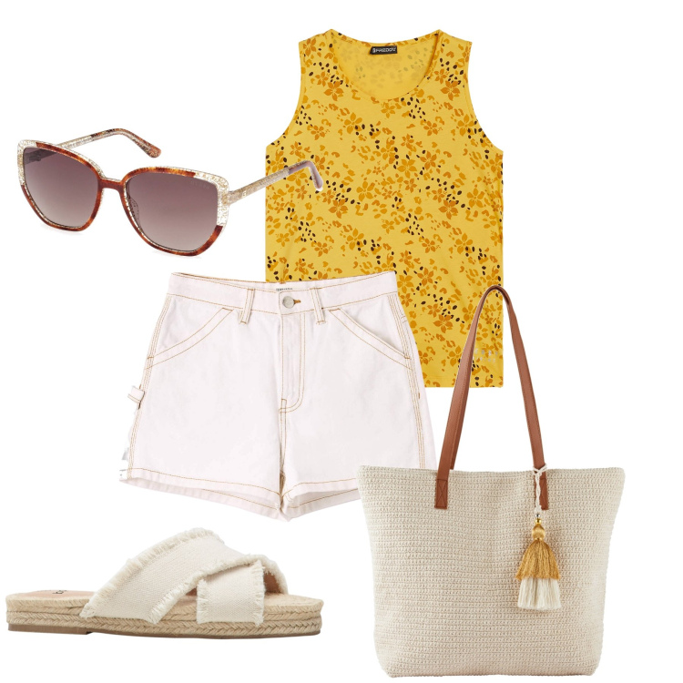 Outfit donna - Pranzo in piscina. Stile Basic per Mare. Abbinamento con ciabatte, shopping bag, shorts, canottiere, occhiali da sole.