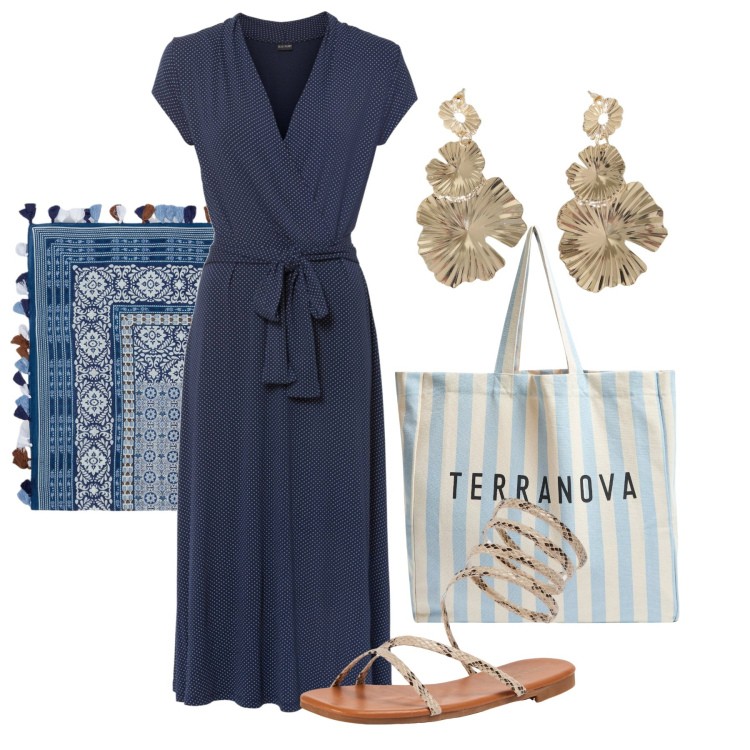 Outfit donna - Blunotte. Stile Bon Ton per Tutti i giorni. Abbinamento con vestiti midi/longuette, sandali, borse tote, orecchini, foulard.