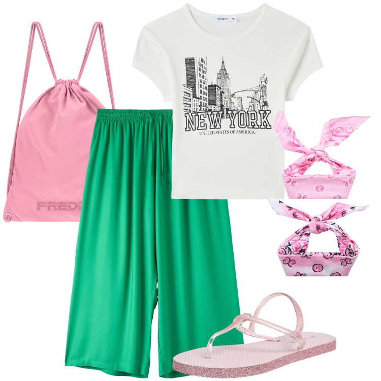 Outfit donna - Il pantapalazzo verde prato. Stile Basic per Tutti i giorni. Abbinamento con sandali, pantaloni a palazzo, fasce per capelli, t-shirt, zaini.