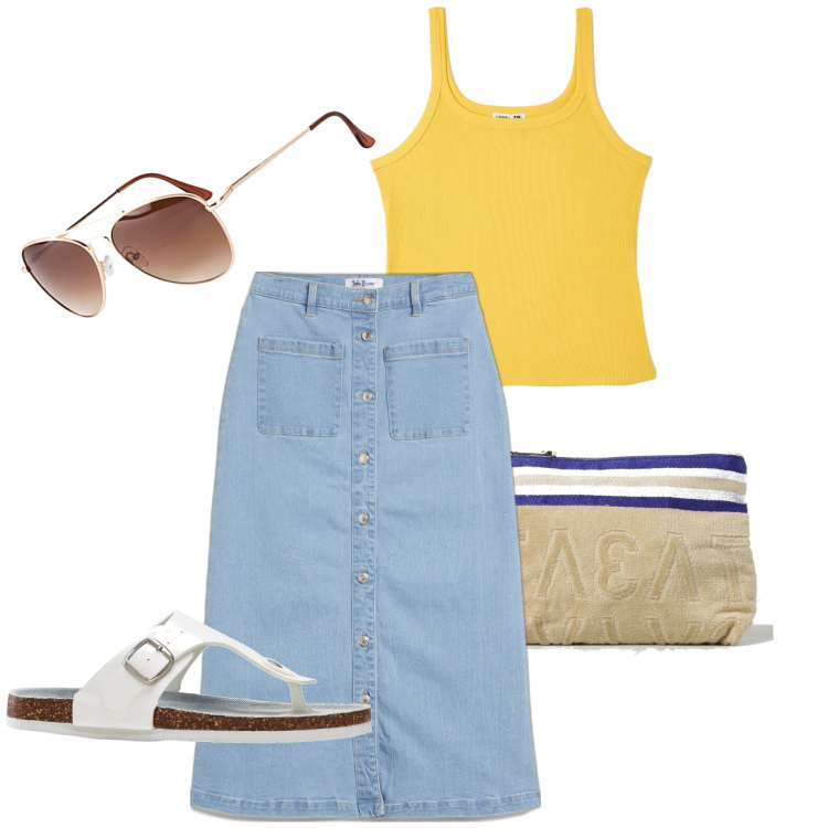 Outfit donna - La canotta gialla. Stile Casual chic per Tutti i giorni. Abbinamento con occhiali da sole, infradito, gonne longuette, top, pochette.