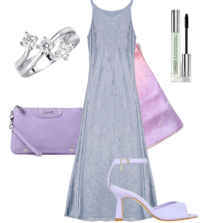 Outfit donna - Con l’abito lungo. Stile Chic per Cerimonia. Abbinamento con mascara, anelli, décolleté, vestiti lunghi, sciarpe, borse a tracolla.