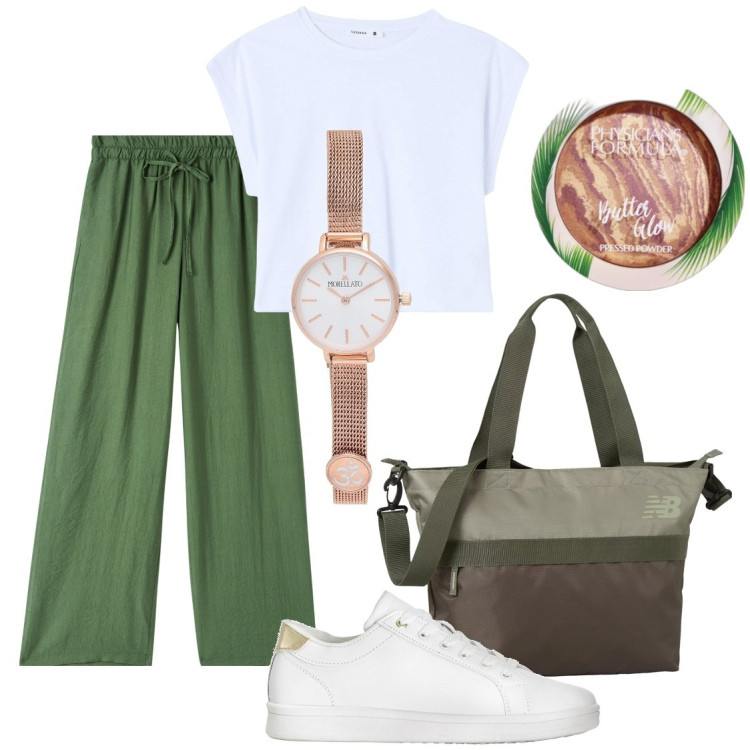 Outfit donna - Sporty chic. Stile Sporty chic per Tutti i giorni. Abbinamento con sneakers, orologi, ciprie, t-shirt, pantaloni, borse tote.