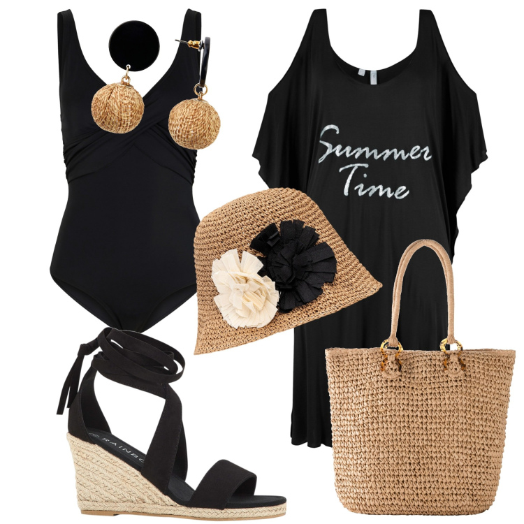 Outfit donna - Giornata al mare. Stile Casual chic per Mare. Abbinamento con vestiti da spiaggia, orecchini, costumi interi, sandali, shopping bag, cappelli.