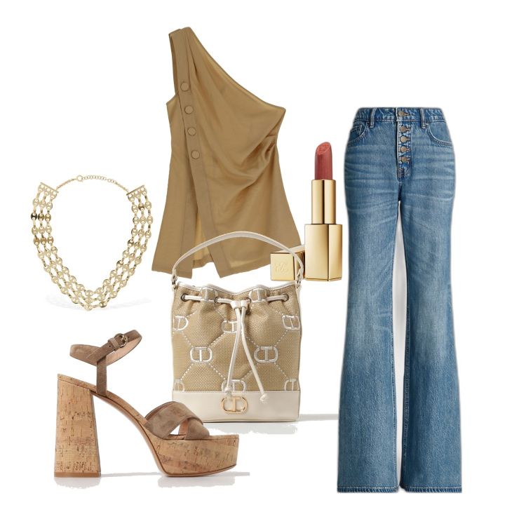 Outfit donna - Ghost outfitter - giugno. Stile Glamour per Tutti i giorni. Abbinamento con rossetti, top, jeans, collane, sandali in pelle, borse a spalla.