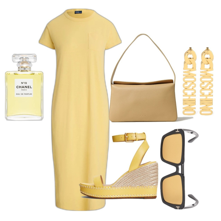 Outfit donna - Ghost outfitter - giugno. Stile Bon Ton per Tutti i giorni. Abbinamento con profumi, vestiti, espadrillas, occhiali da sole, orecchini, borse a spalla.
