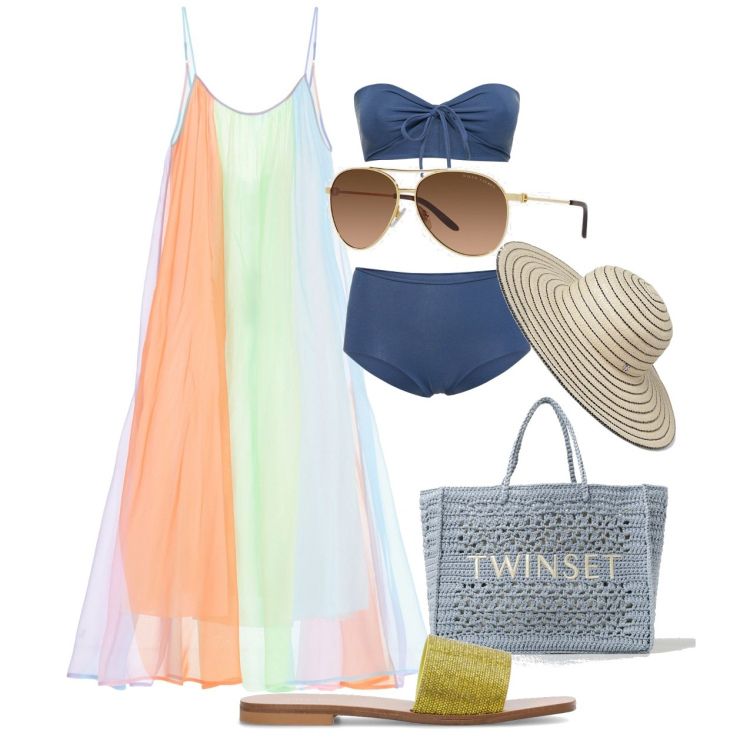 Outfit donna - Ghost outfitter - giugno. Stile Chic per Mare. Abbinamento con vestiti lunghi, occhiali da sole, cappelli, bikini, borse tote, ciabatte.