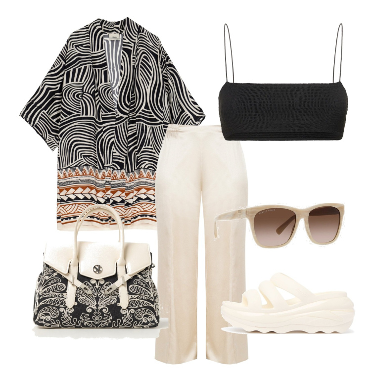 Outfit donna - Look per l\'estate!!!. Stile Casual per Tutti i giorni. Abbinamento con pantaloni a palazzo, cardigans, occhiali da sole, borse a mano, bikini, ciabatte.