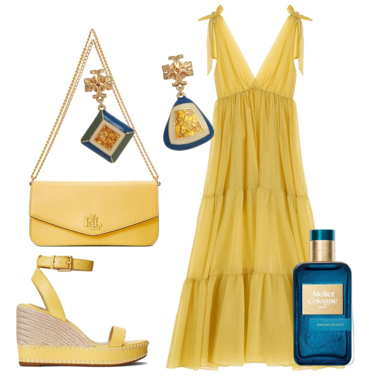 Outfit donna - Soleil. Stile Romantica per Serata fuori. Abbinamento con orecchini, profumi, vestiti lunghi, borse a spalla, espadrillas.