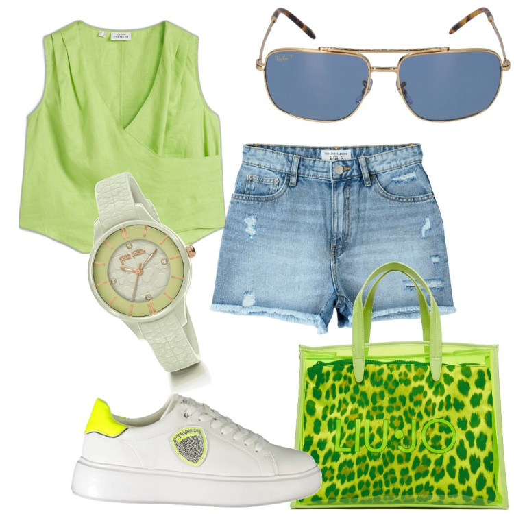 Outfit donna - Verde citron. Stile Casual per Tutti i giorni. Abbinamento con top, orologi, shorts, sneakers, shopping bag, occhiali da sole.