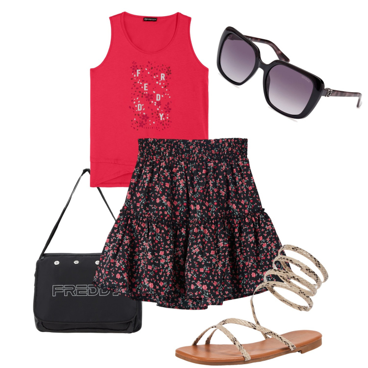 Outfit donna - Fiorellini piccoli. Stile Preppy per Tutti i giorni. Abbinamento con gonne, sandali, borse messenger, canottiere, occhiali da sole.
