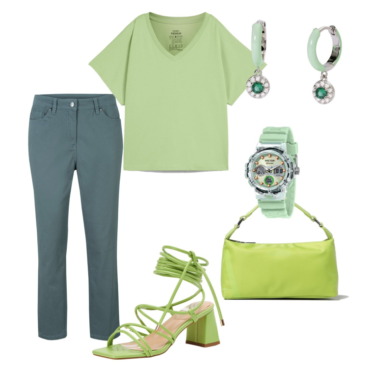 Outfit donna - Green day. Stile Casual chic per Ufficio. Abbinamento con pantaloni, t-shirt, orologi, sandali alla schiava, orecchini, borse a spalla.