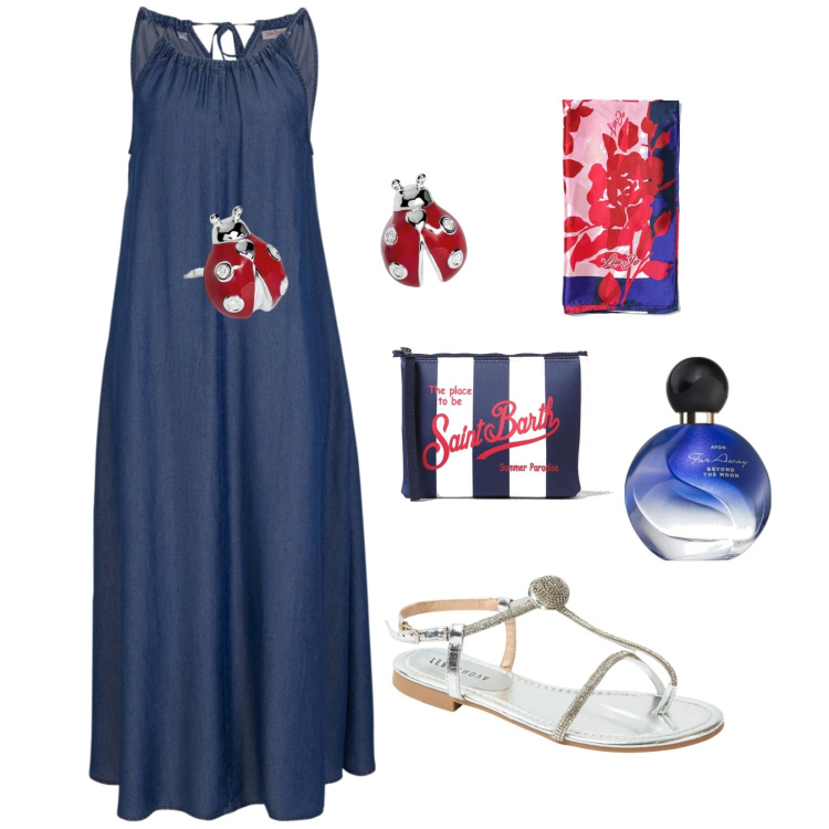 Outfit donna - Coccinelle ️️️. Stile Minimal per Tutti i giorni. Abbinamento con vestiti, profumi, ciabatte, orecchini, foulard, pochette.