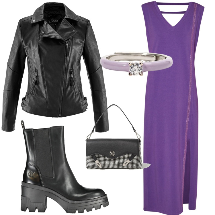 Outfit donna - Serata rock. Stile Bon Ton per Tutti i giorni. look ideale per Petite. Abbinamento con blazer, anelli, stivali, vestiti lunghi, clutch.